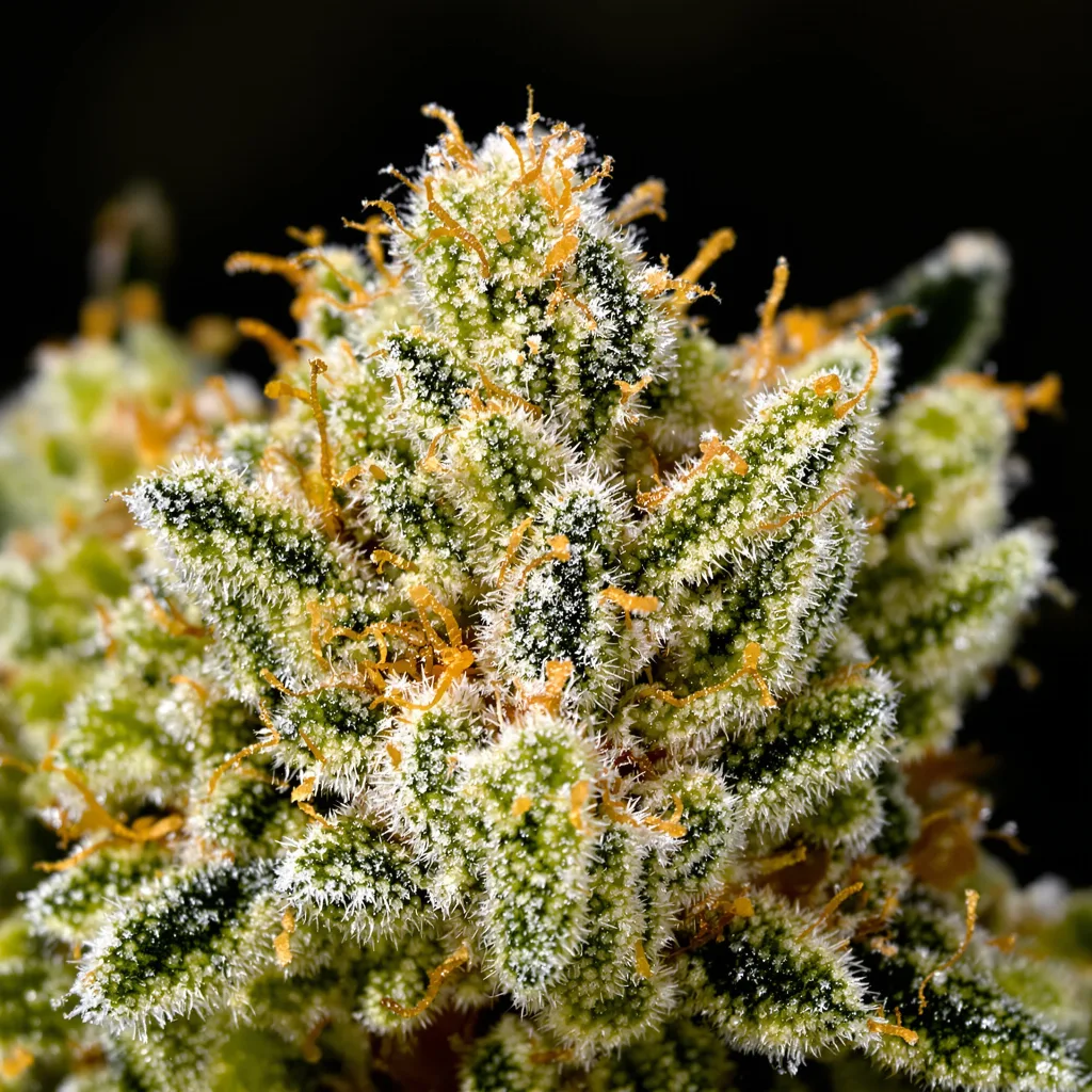 Gros plan de fleur de cannabis Royal Medic montrant structure aérée vert lime