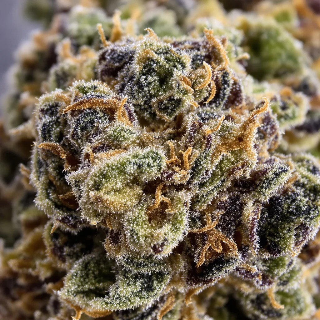 Gros plan de fleur de cannabis RS11 montrant calices denses aux reflets violets