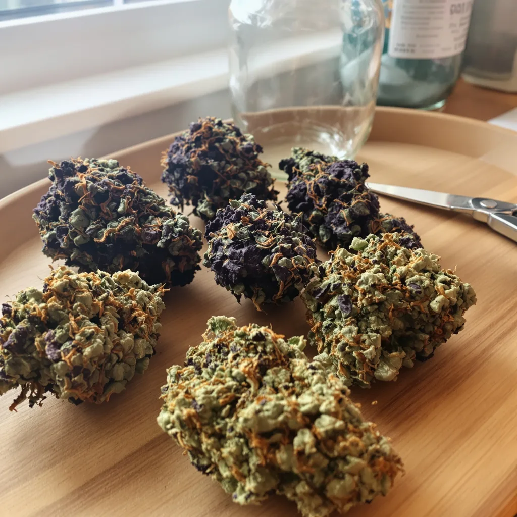 Rug Burn OG 68% indica / 32% sativa — fleur avec trichomes visibles