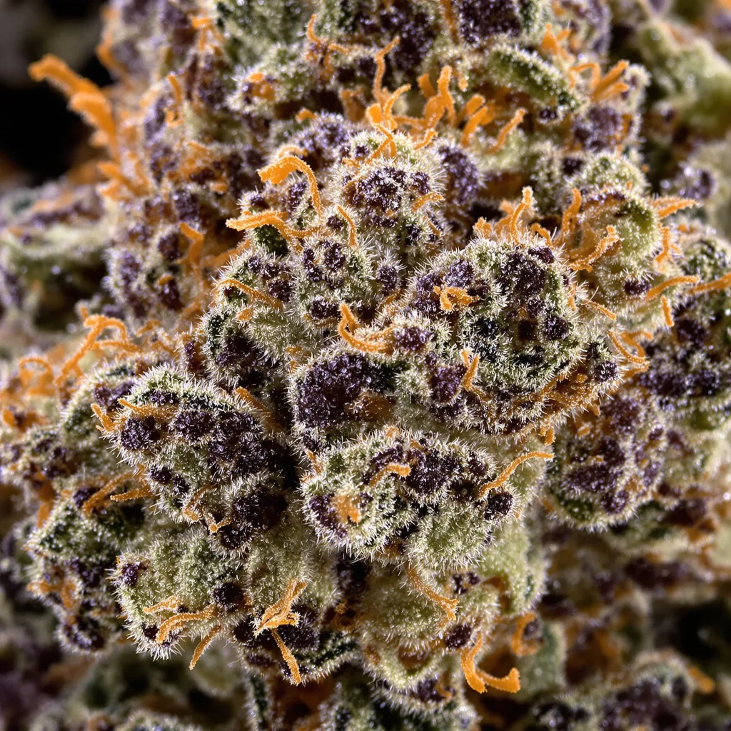 Gros plan de fleur de cannabis Rug Burn OG montrant calices denses aux reflets violets