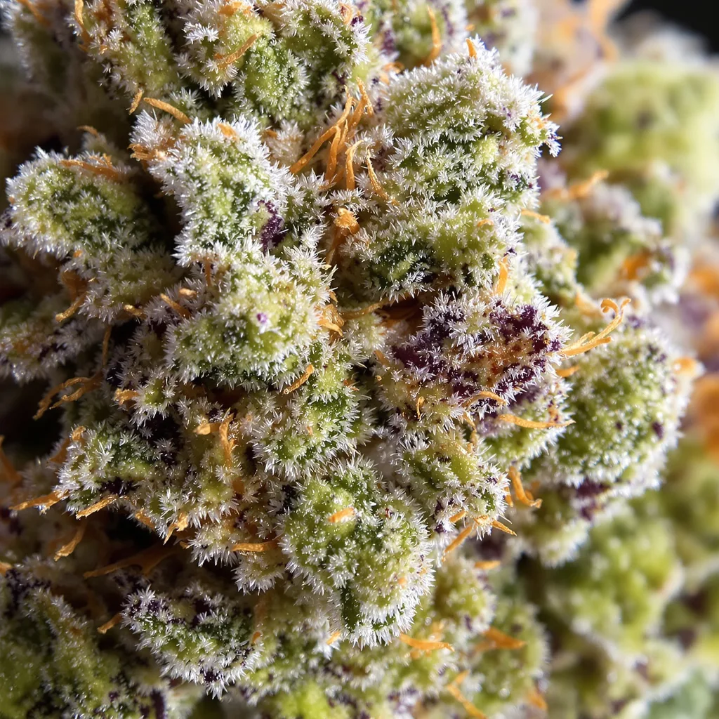 Gros plan de fleur de cannabis Runtz montrant structure ouverte avec pistils orangés