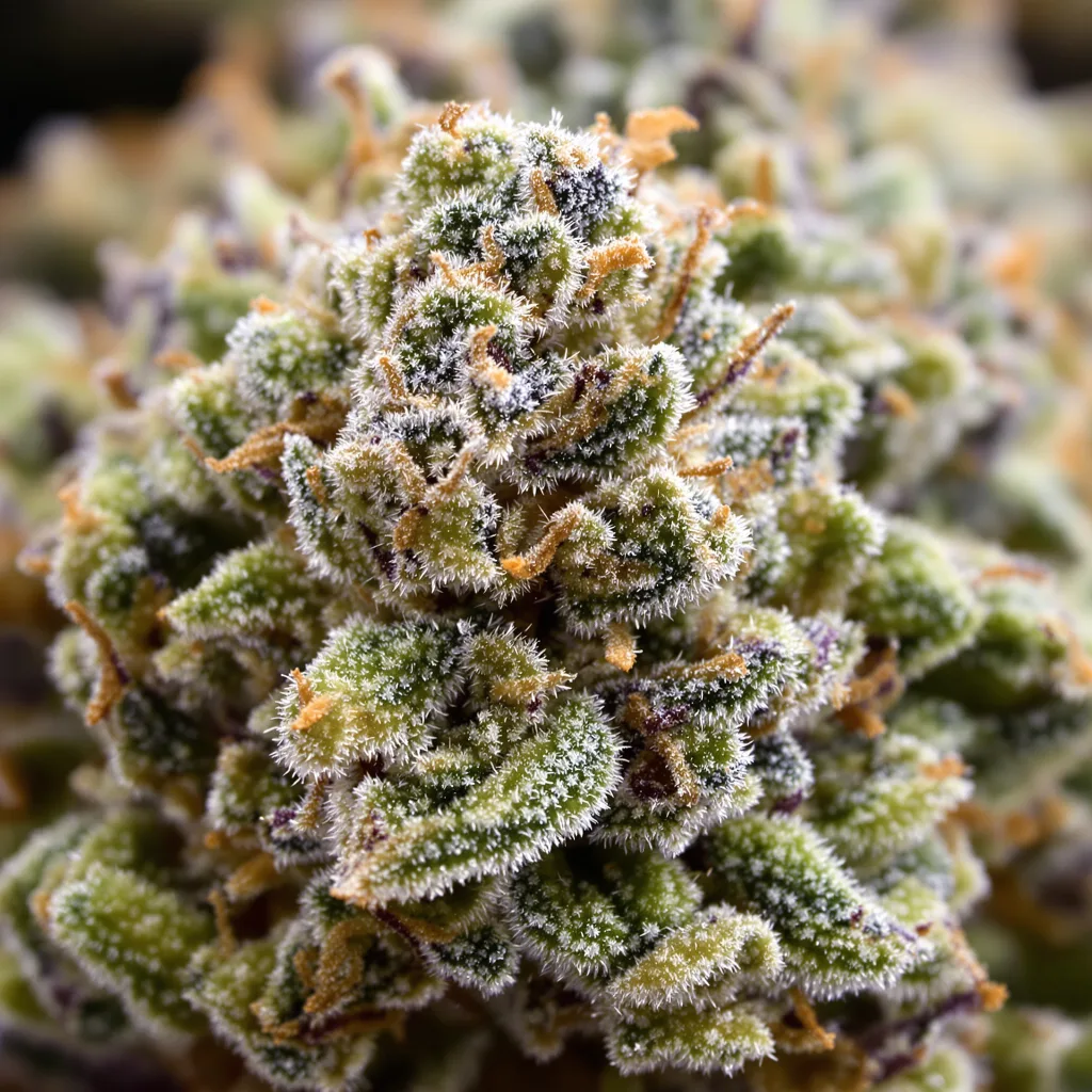 Gros plan de fleur de cannabis Russian Assassin montrant structure équilibrée avec trichomes givrés