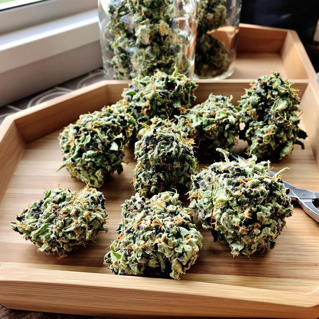 SAGE 50% indica / 50% sativa — fleur avec trichomes visibles