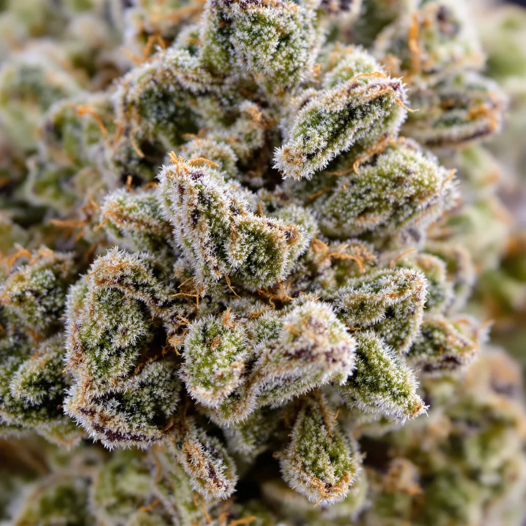 Gros plan de fleur de cannabis SAGE montrant structure équilibrée avec trichomes givrés