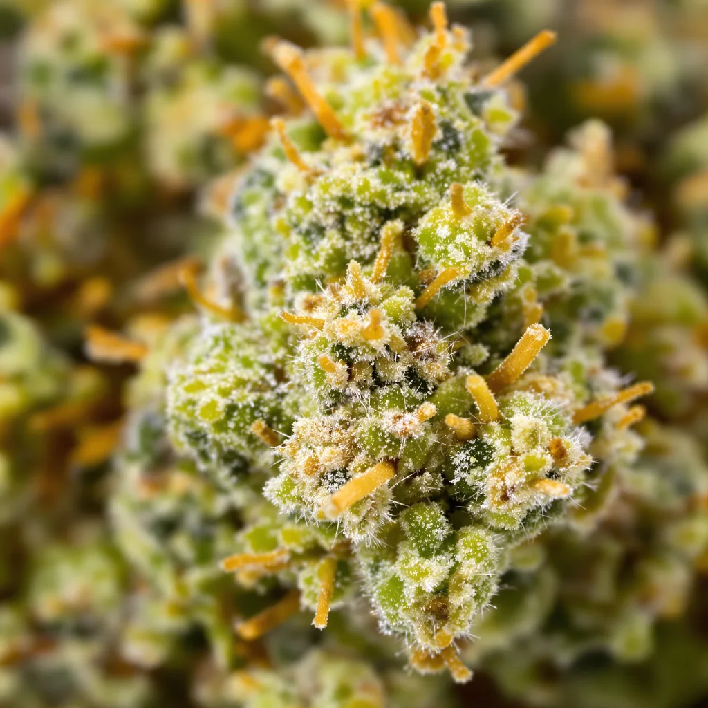 Gros plan de fleur de cannabis Sage N Sour montrant structure aérée vert lime