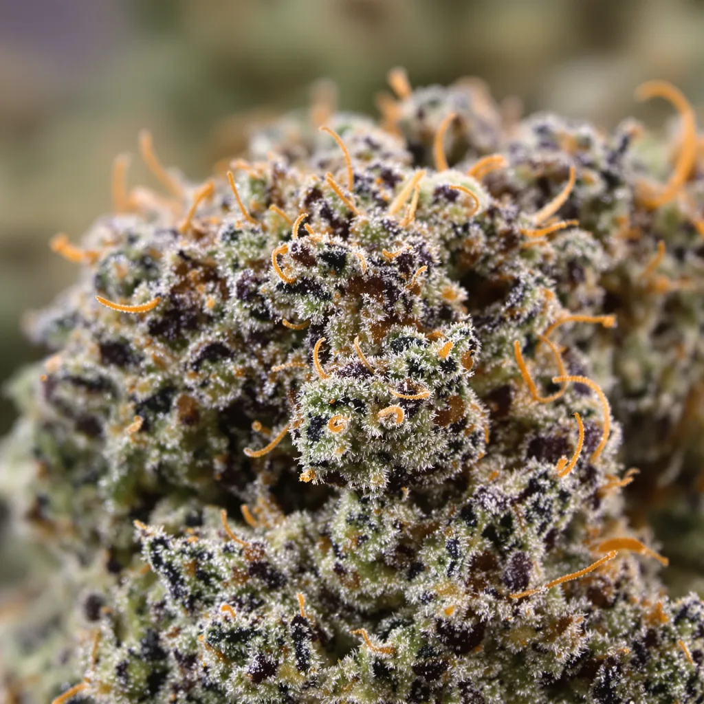 Gros plan de fleur de cannabis San Fernando Valley Kush montrant calices denses aux reflets violets