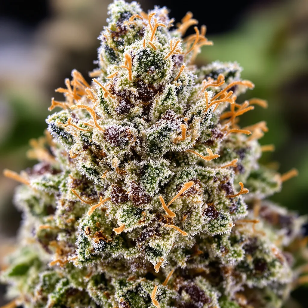 Gros plan de fleur de cannabis Sangria montrant nugs denses vert forêt
