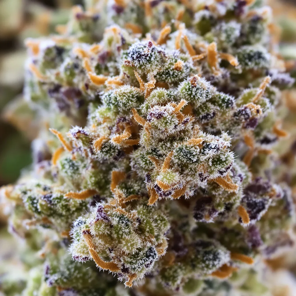Gros plan de fleur de cannabis Santa Maria montrant structure ouverte avec pistils orangés