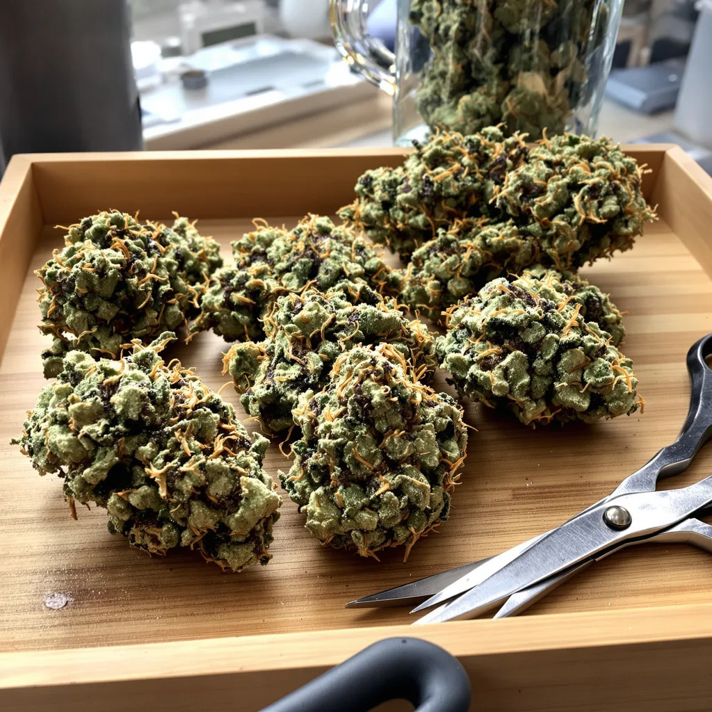 Sasquatch 35% indica / 65% sativa — fleur avec trichomes visibles