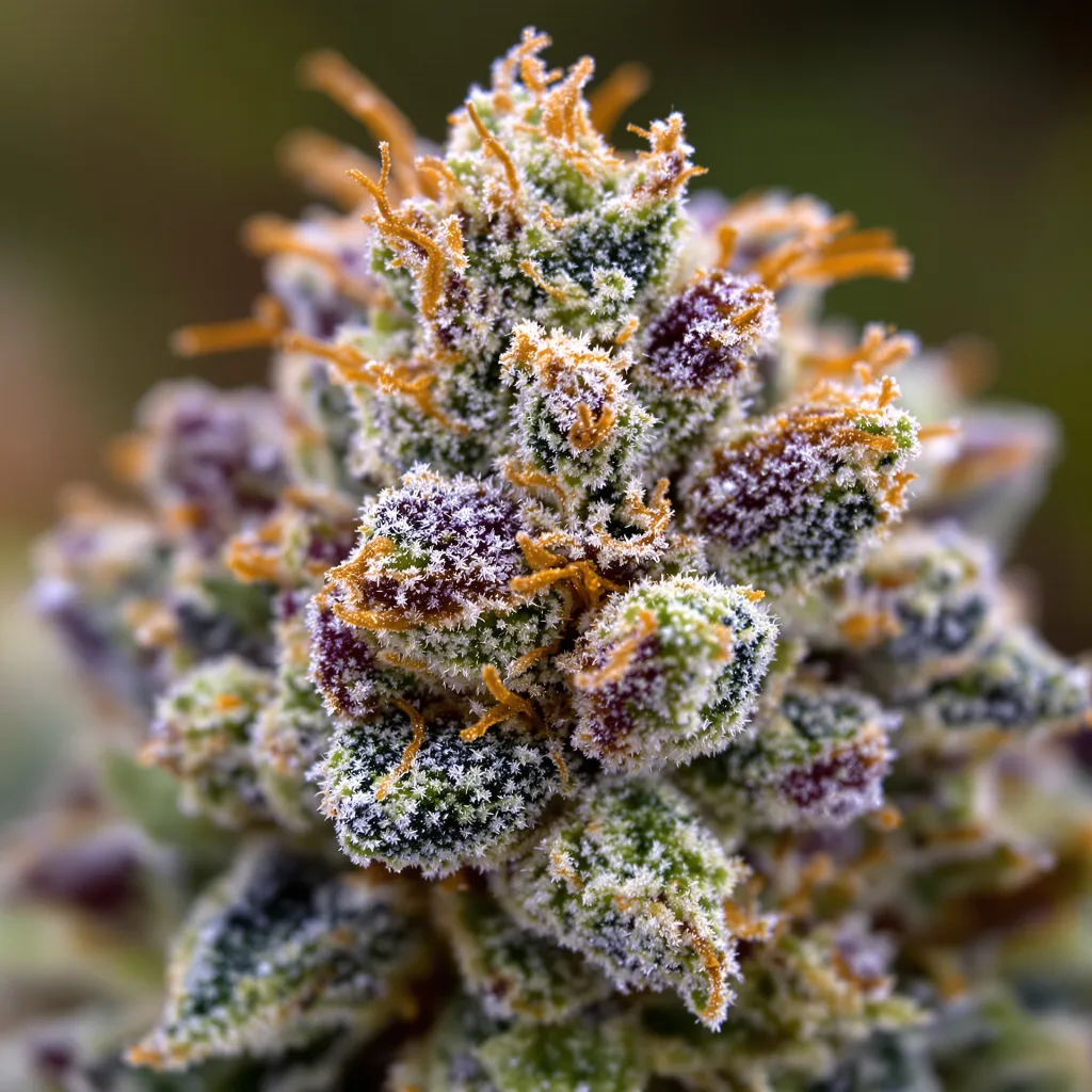 Gros plan de fleur de cannabis Sasquatch montrant structure ouverte avec pistils orangés