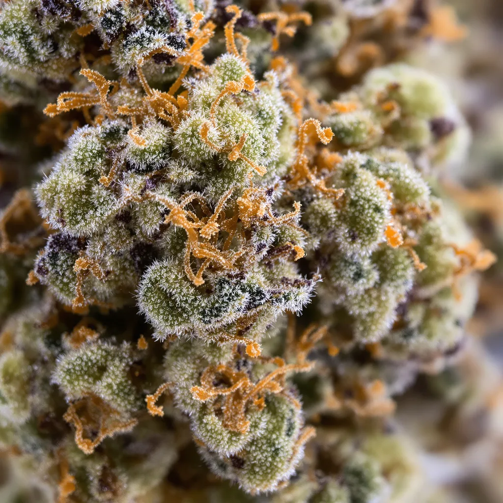 Gros plan de fleur de cannabis Scooby Snacks montrant nugs denses vert forêt