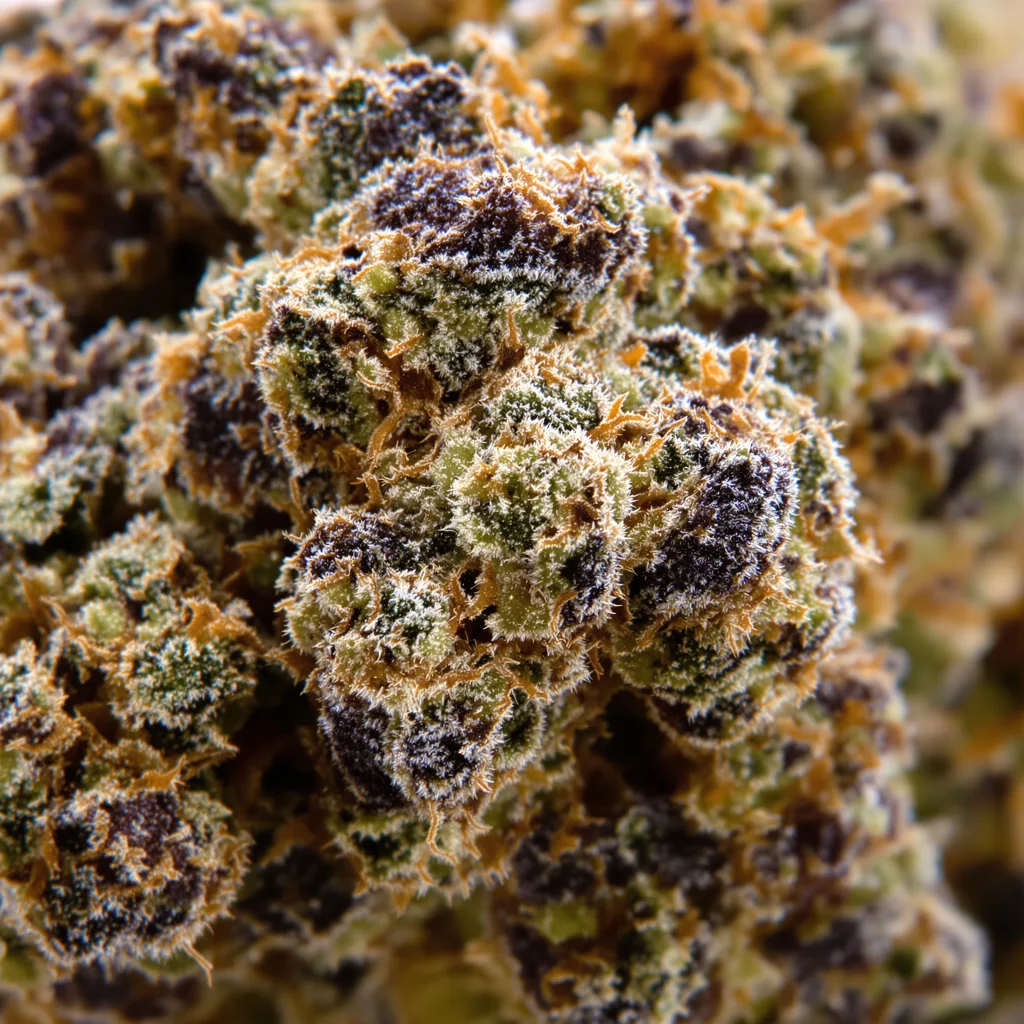 Gros plan de fleur de cannabis Scott's OG montrant calices denses aux reflets violets