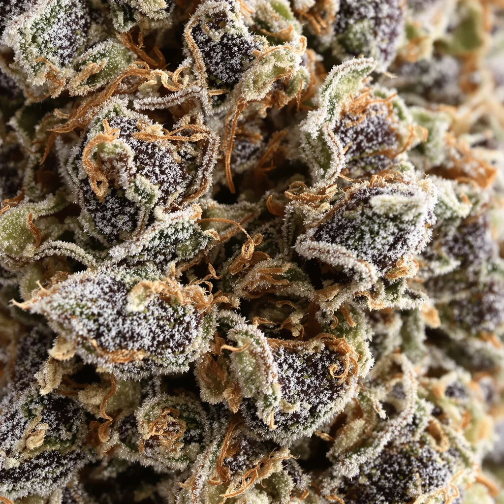 Gros plan de fleur de cannabis Sensi Skunk montrant calices denses aux reflets violets