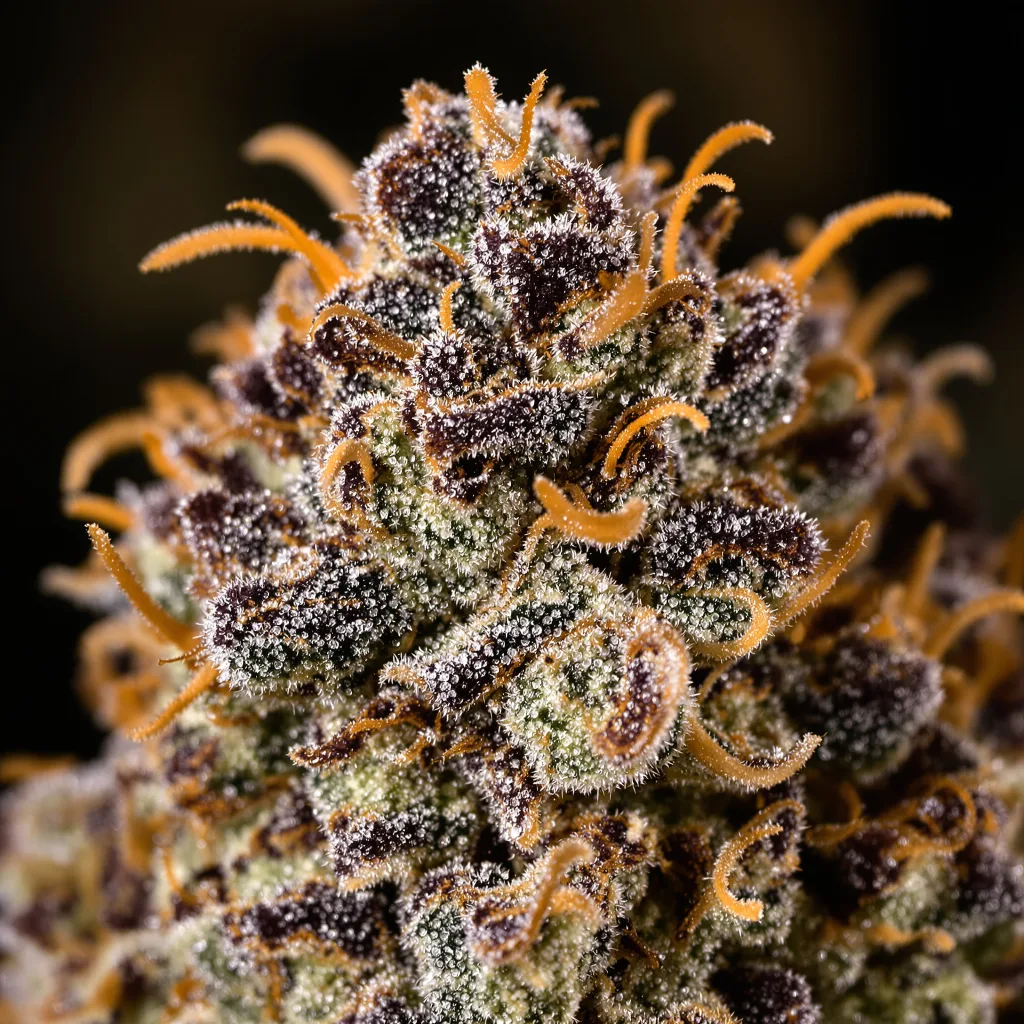 Gros plan de fleur de cannabis Sensi Star montrant calices denses aux reflets violets
