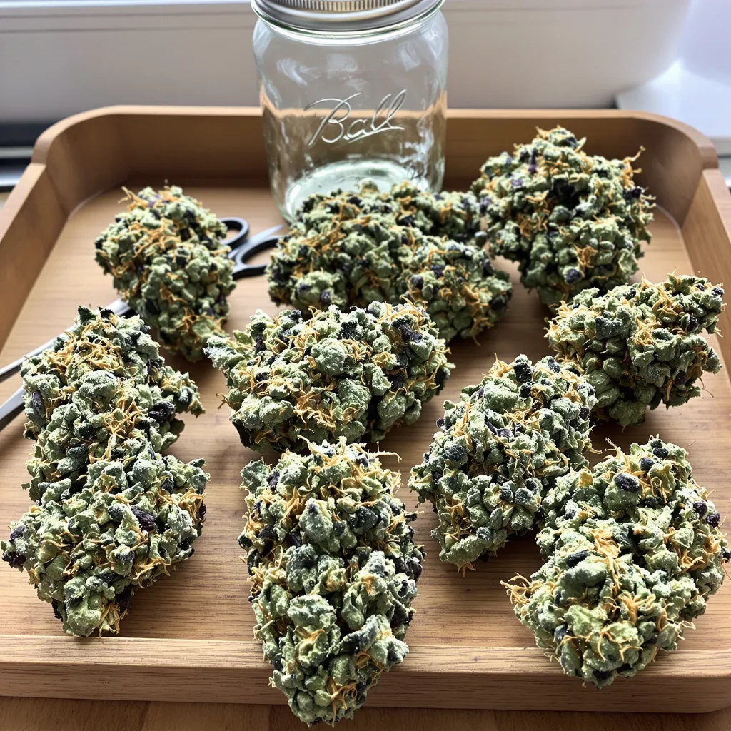 Serious Happiness 55% indica / 45% sativa — fleur avec trichomes visibles