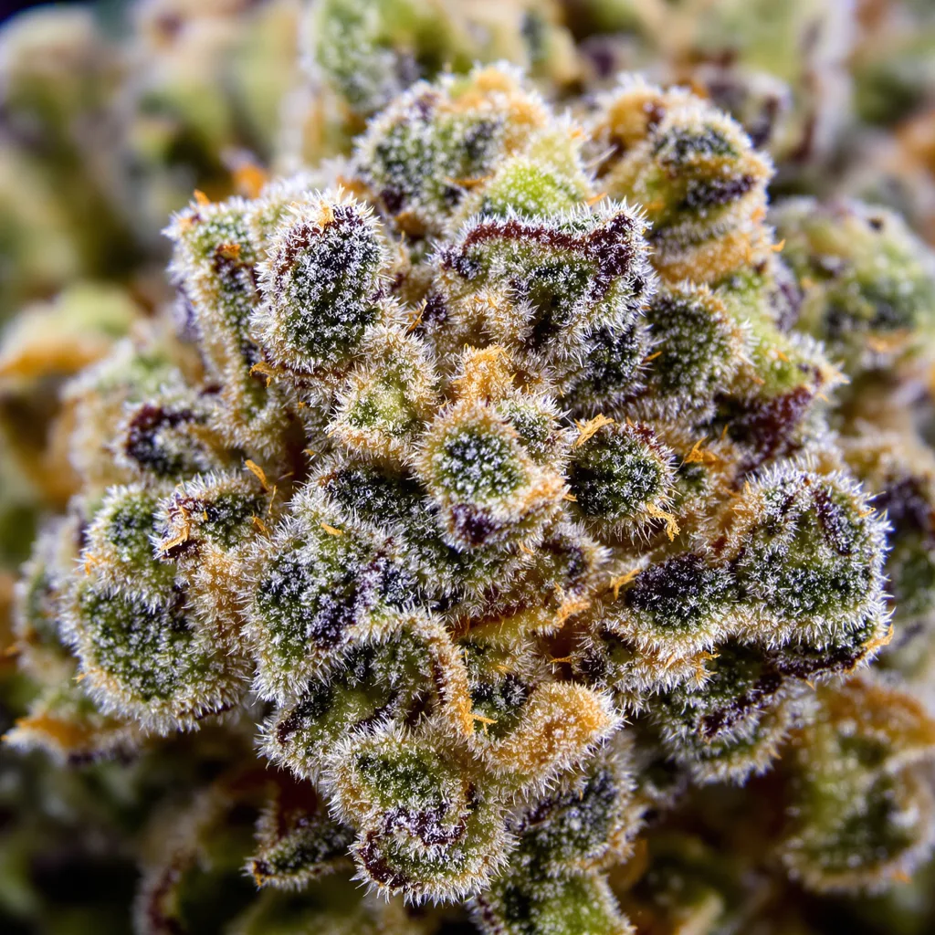 Gros plan de fleur de cannabis Serious Happiness montrant structure équilibrée avec trichomes givrés