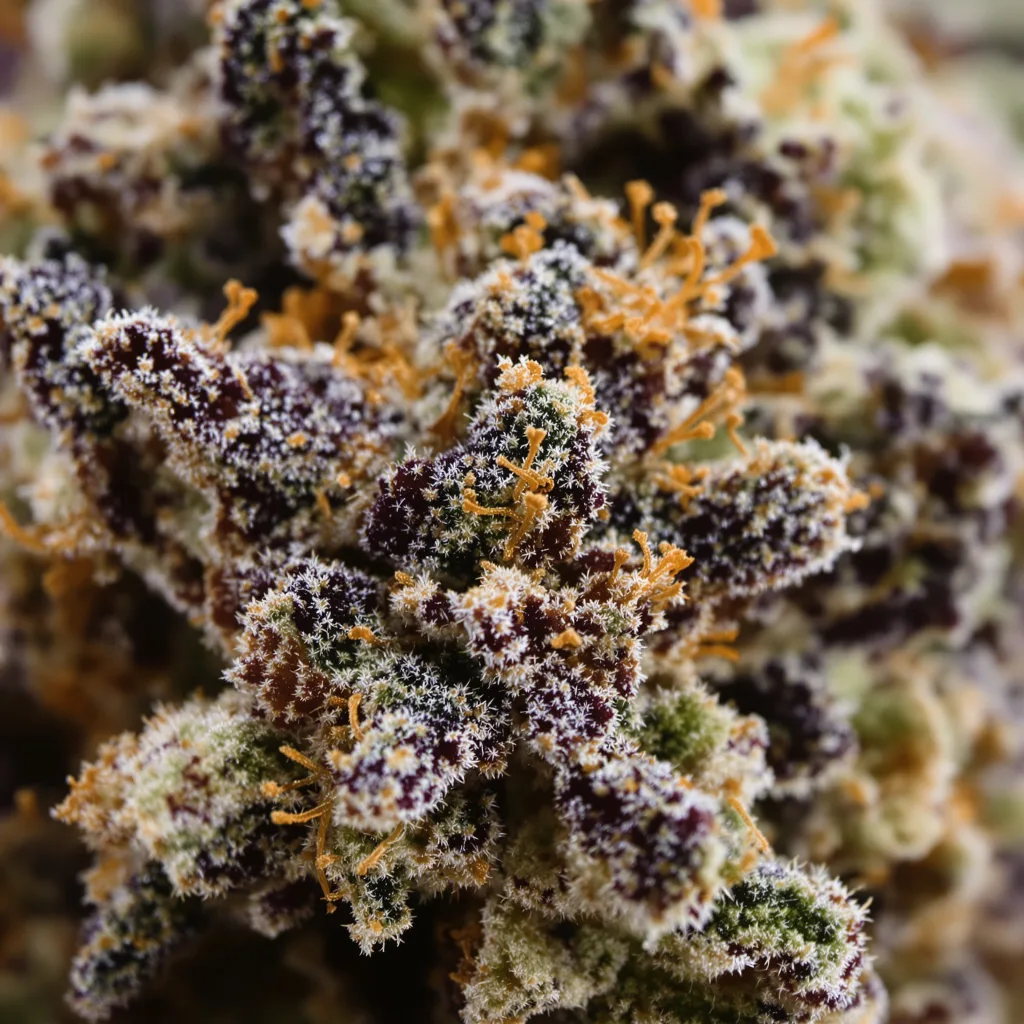 Gros plan de fleur de cannabis Sexxpot montrant calices denses aux reflets violets