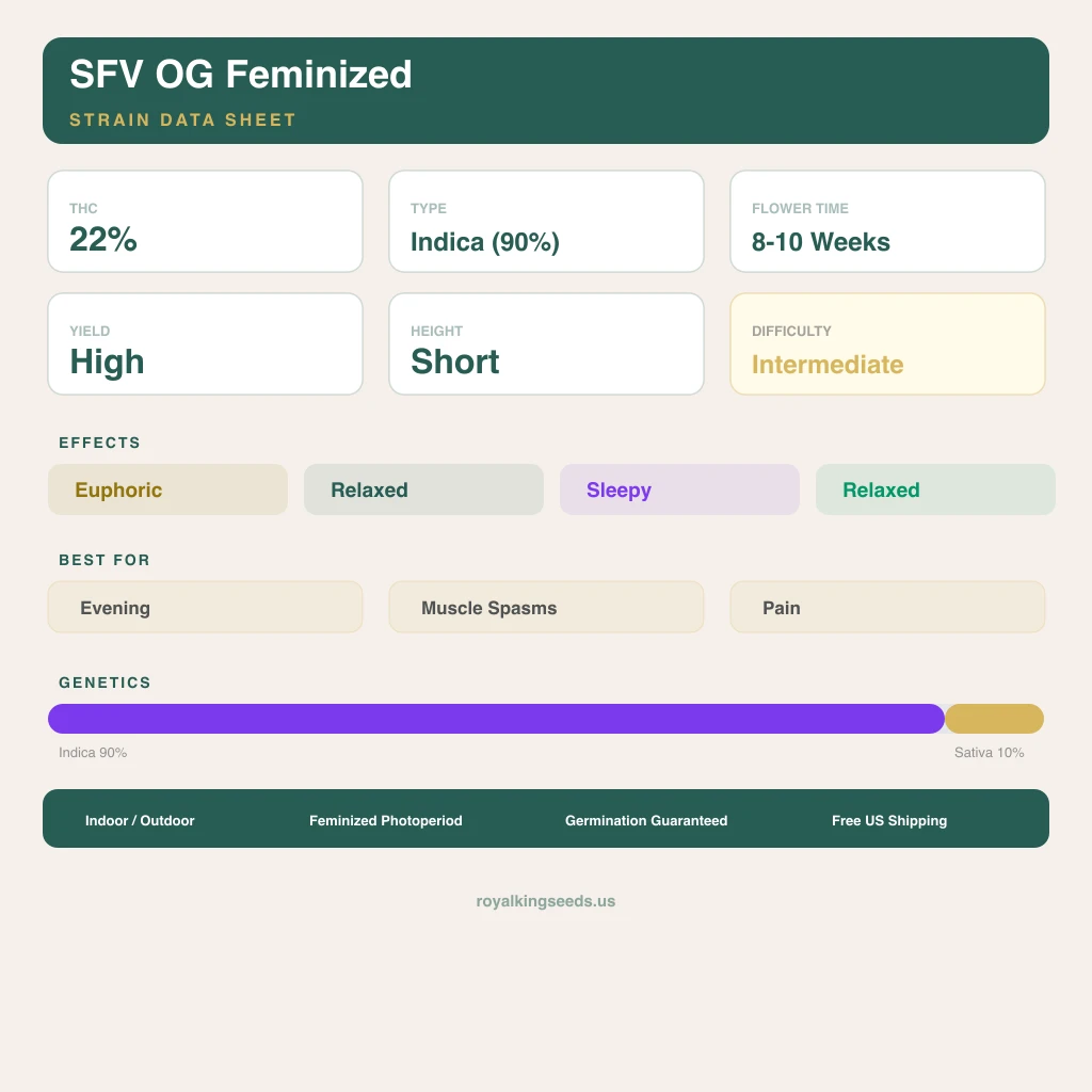 SFV OG 90% indica / 10% sativa — fleur avec trichomes visibles