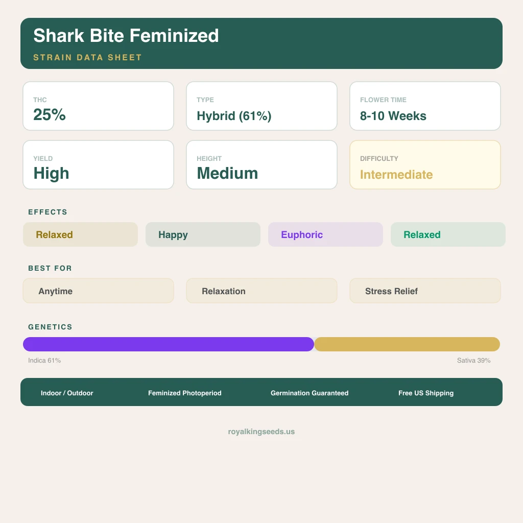 Shark Bite 61% indica / 39% sativa — fleur avec trichomes visibles