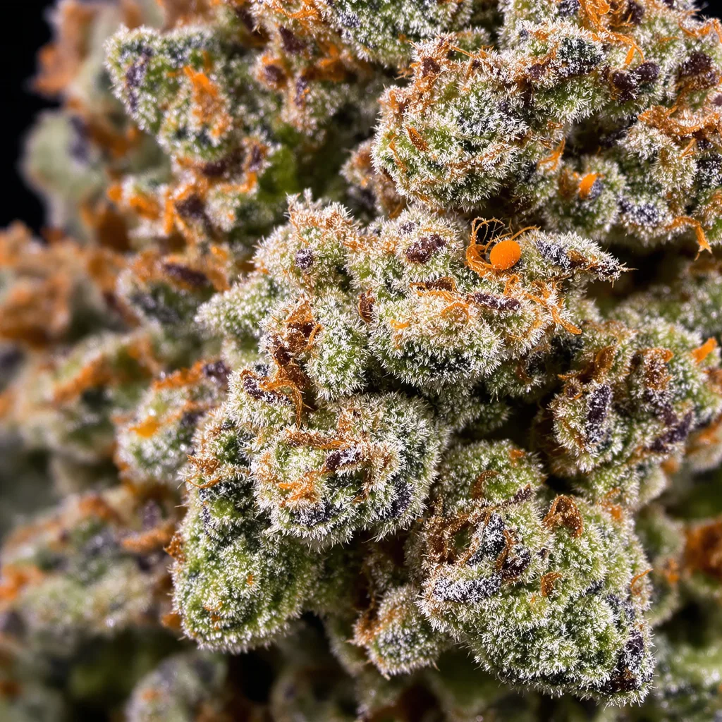 Gros plan de fleur de cannabis Shark Bite montrant nugs denses vert forêt
