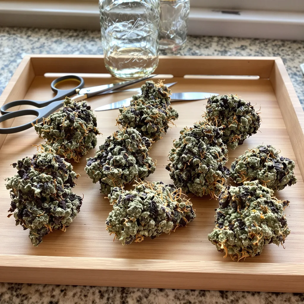 Sharksbreath 74% indica / 26% sativa — fleur avec trichomes visibles