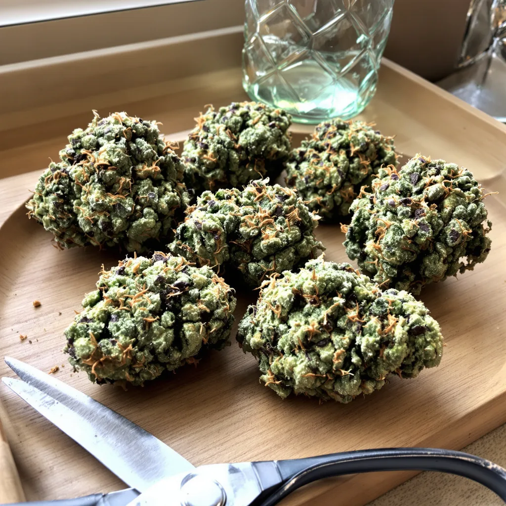 Shiatsu Kush 50% indica / 50% sativa — fleur avec trichomes visibles
