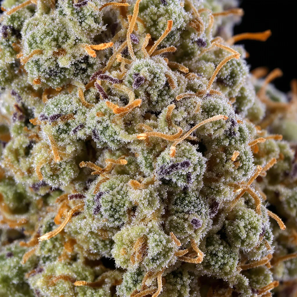 Gros plan de fleur de cannabis Shiatsu Kush montrant structure équilibrée avec trichomes givrés