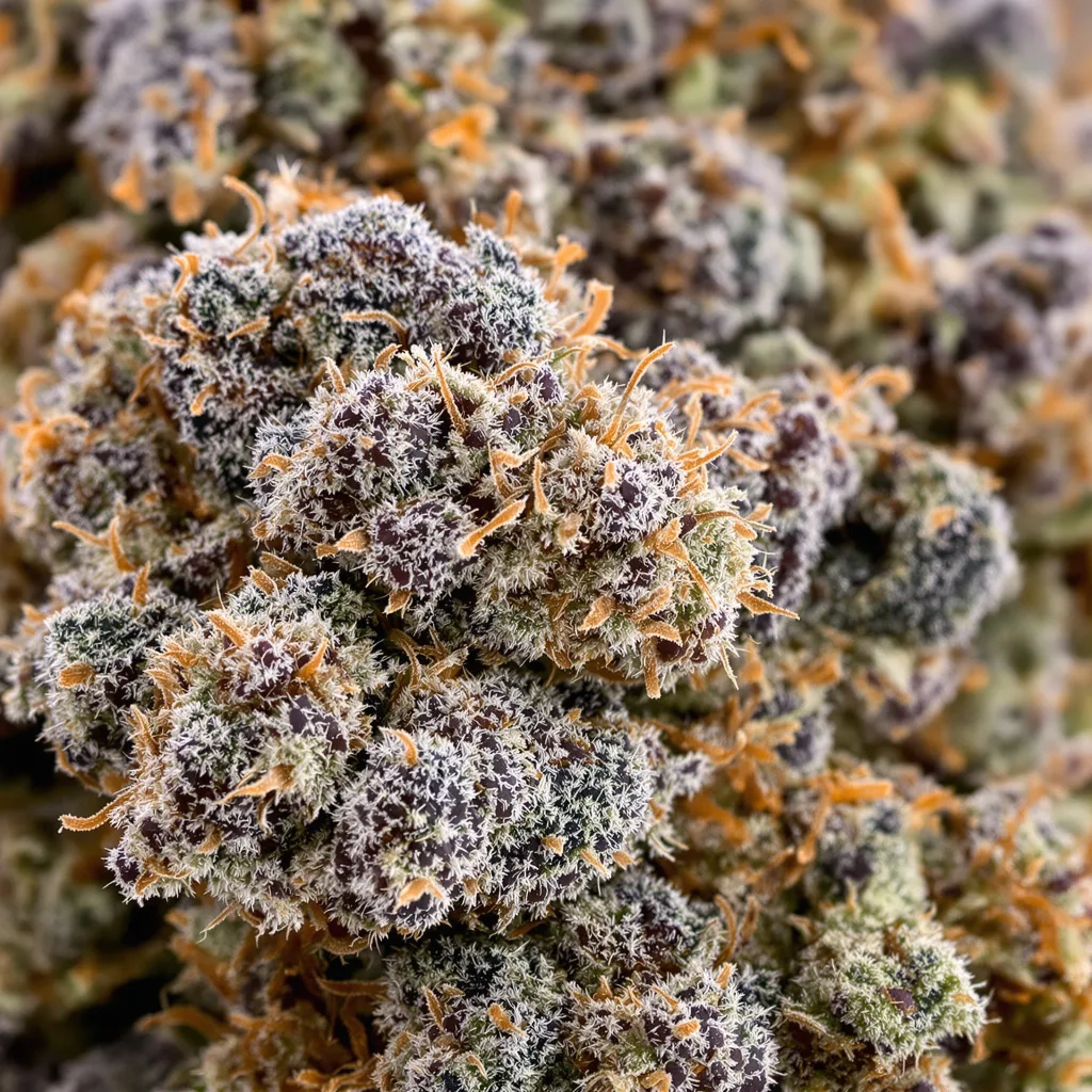 Gros plan de fleur de cannabis Shishkaberry montrant calices denses aux reflets violets