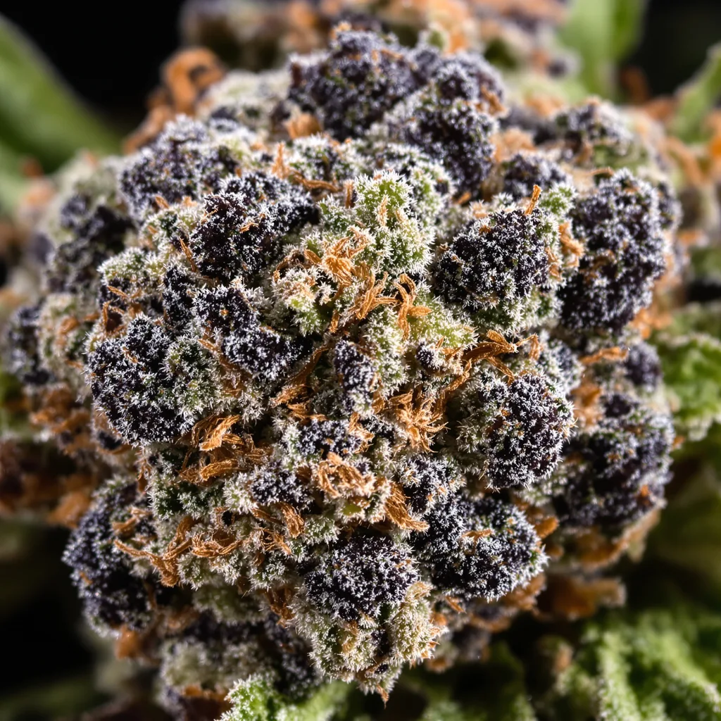 Gros plan de fleur de cannabis Shiva Skunk montrant calices denses aux reflets violets