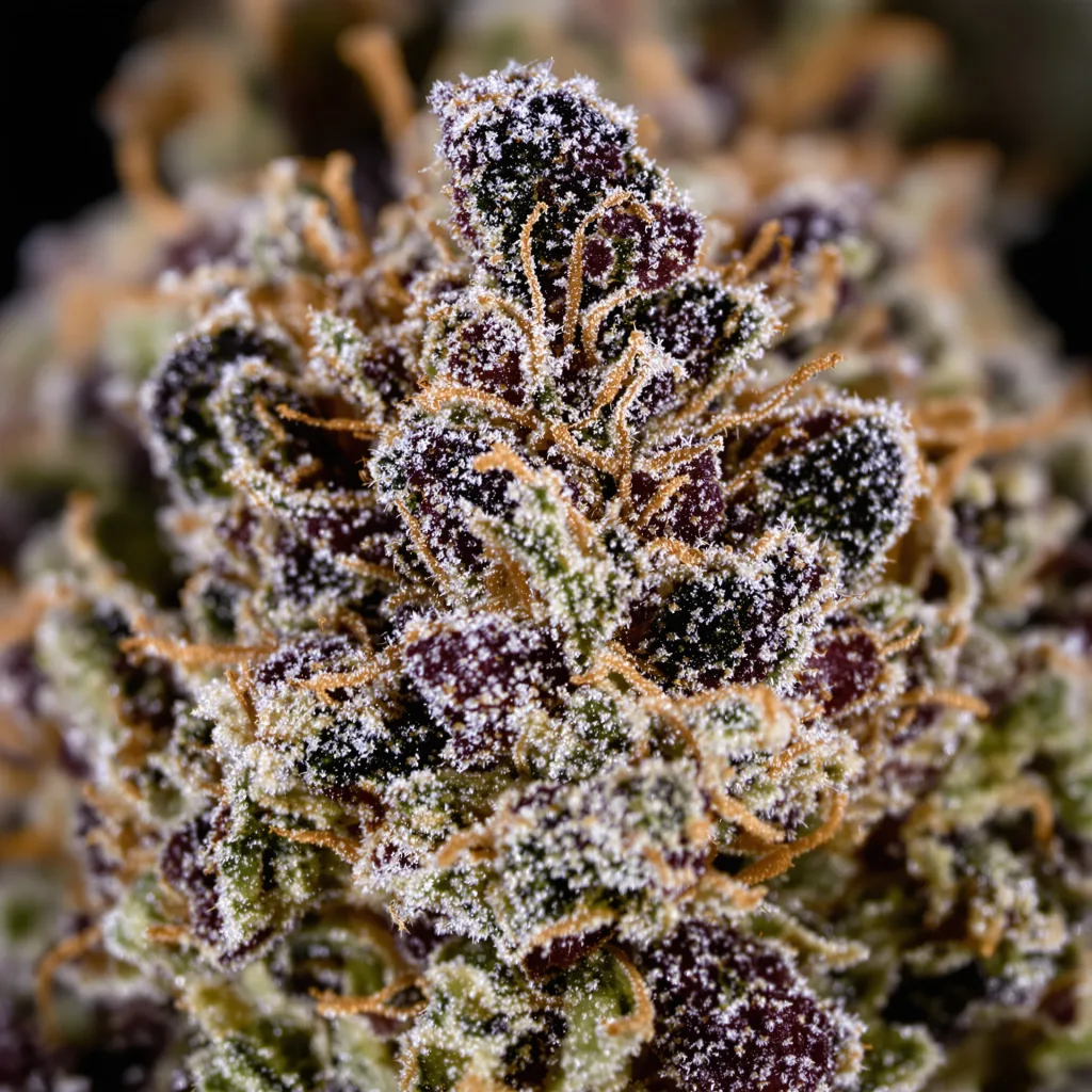 Gros plan de fleur de cannabis Shoreline montrant calices denses aux reflets violets