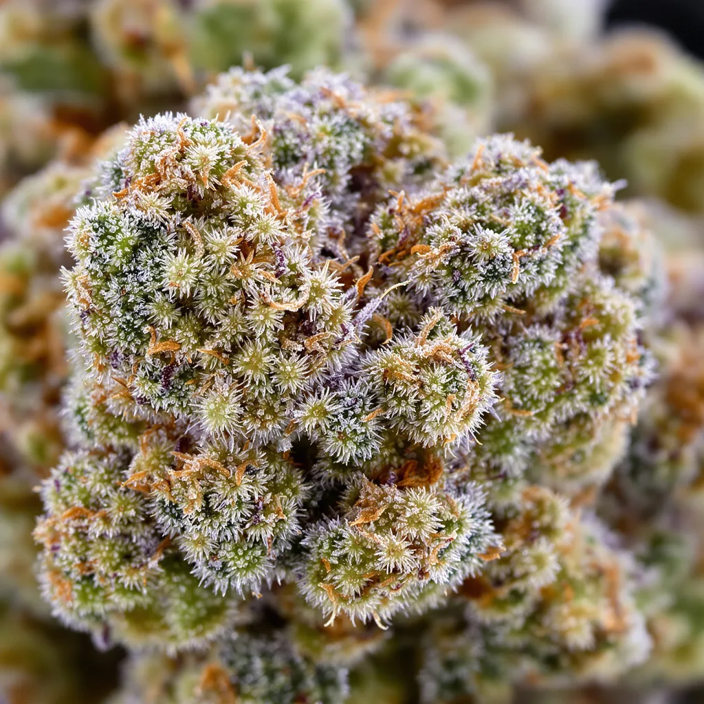 Gros plan de fleur de cannabis Sierra Mist montrant structure ouverte avec pistils orangés