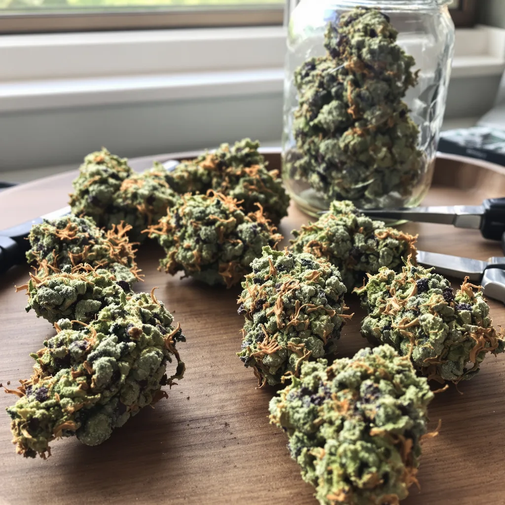Silverfalls Kush 40% indica / 60% sativa — fleur avec trichomes visibles