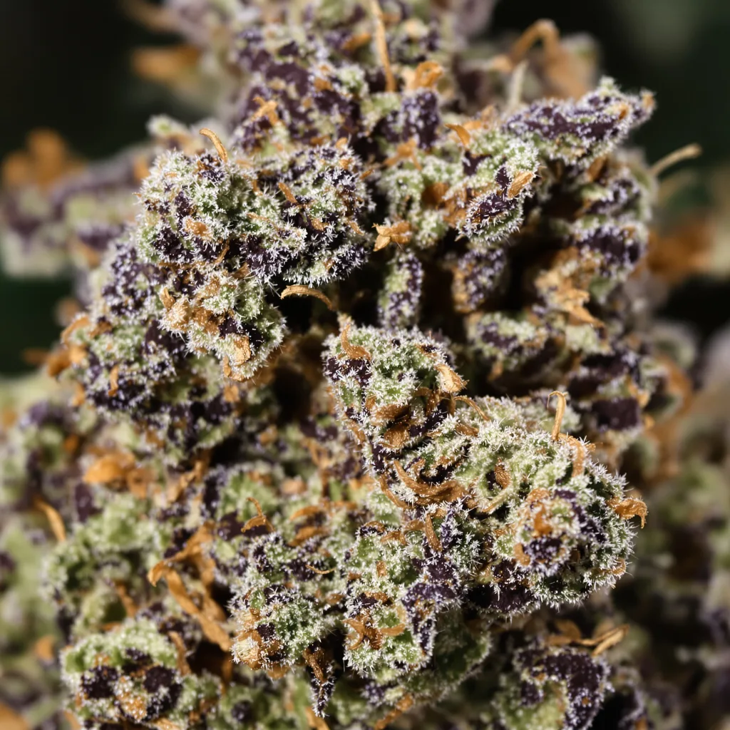 Gros plan de fleur de cannabis Sin City Kush montrant calices denses aux reflets violets