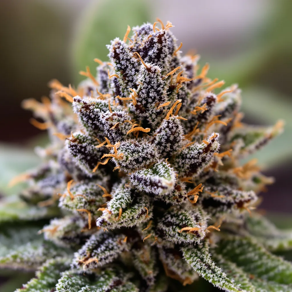 Gros plan de fleur de cannabis Sirius Black montrant calices denses aux reflets violets