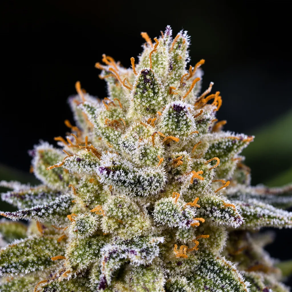 Gros plan de fleur de cannabis Sister Glue montrant structure équilibrée avec trichomes givrés
