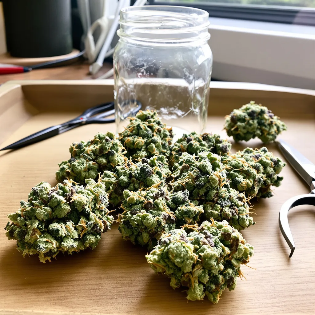 Sister Glue 47% indica / 53% sativa — fleur avec trichomes visibles