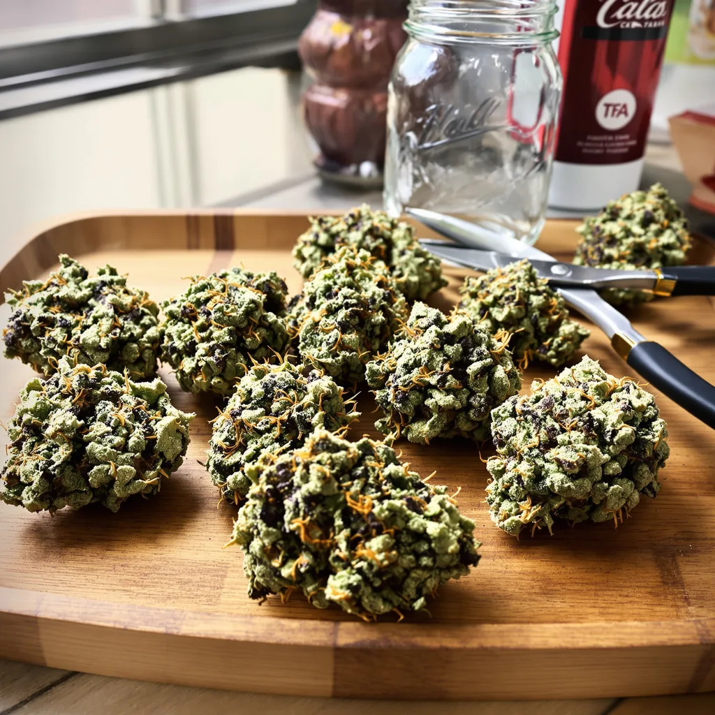Six Shooter 44% indica / 56% sativa — fleur avec trichomes visibles
