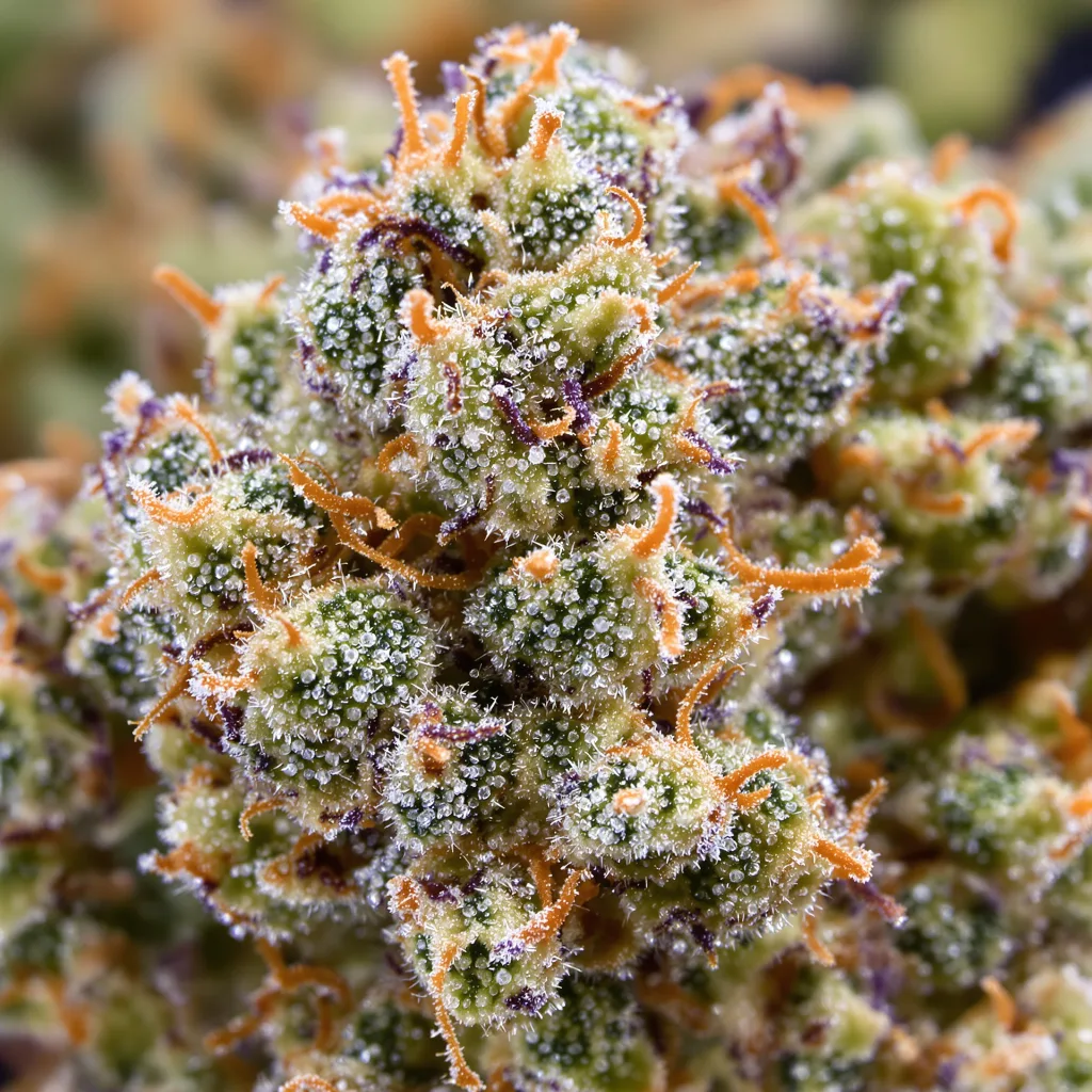 Gros plan de fleur de cannabis Six Shooter montrant structure équilibrée avec trichomes givrés