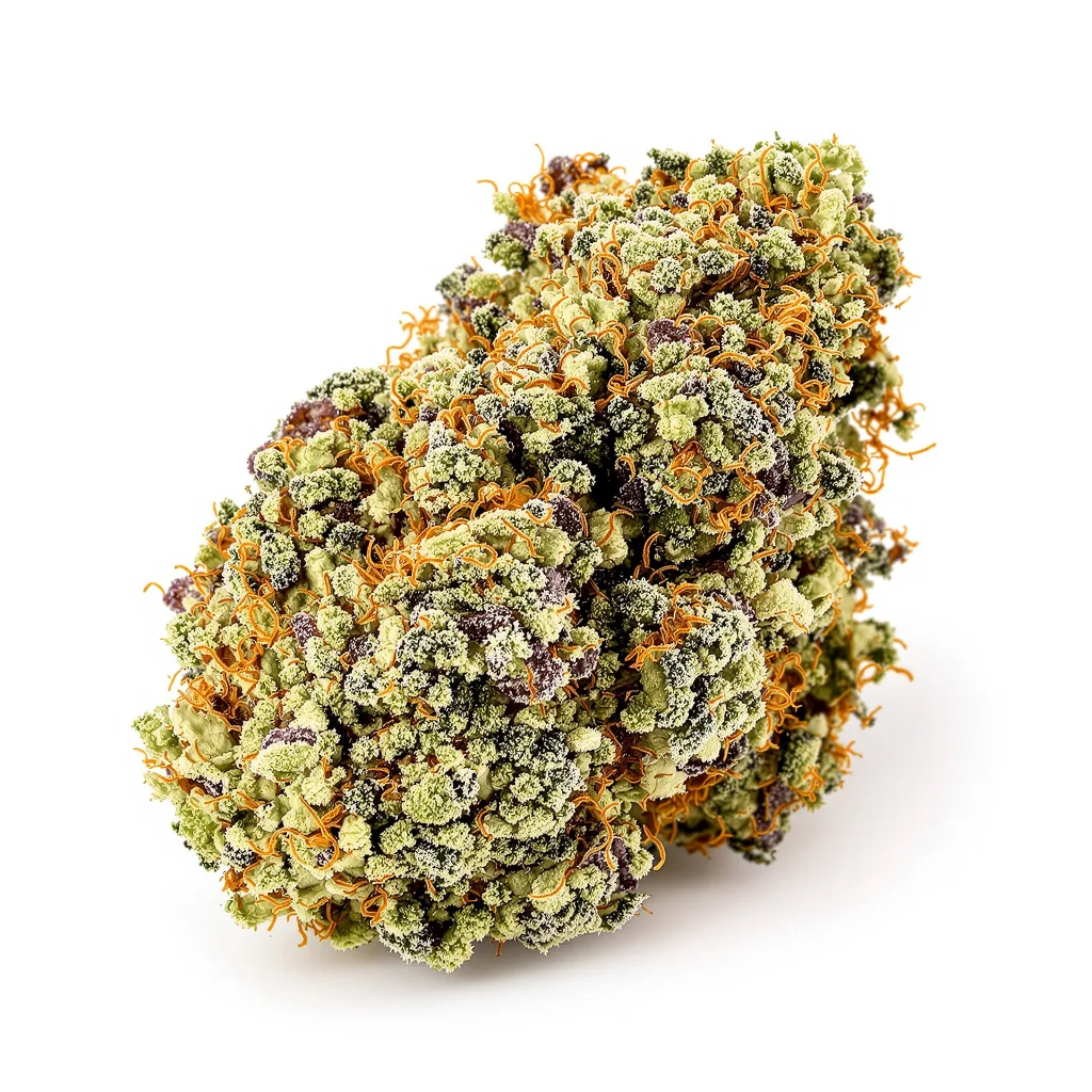 Six Shooter 44% indica / 56% sativa — fleur avec trichomes visibles