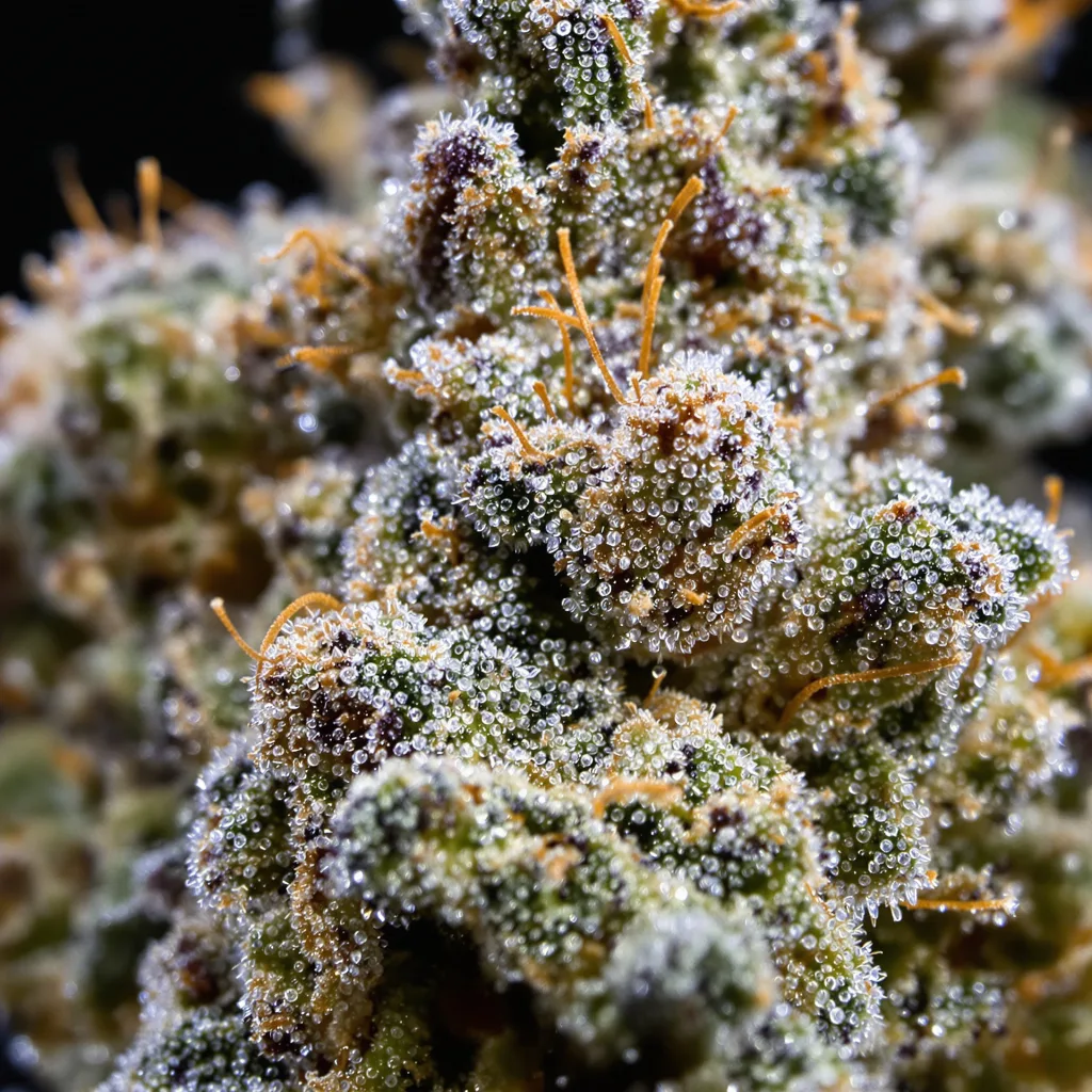 Gros plan de fleur de cannabis Six Shooter montrant structure équilibrée avec trichomes givrés