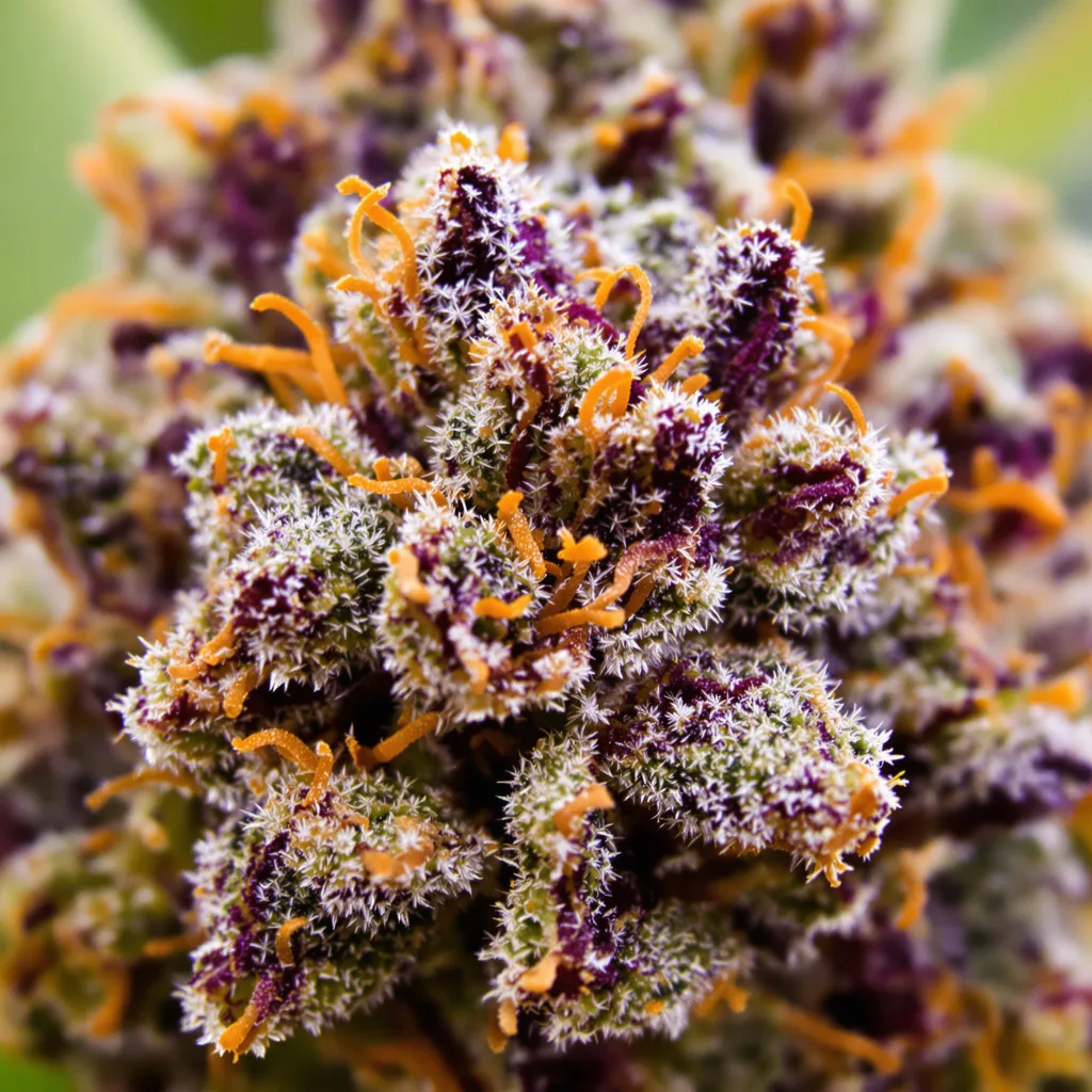 Gros plan de fleur de cannabis Skunk montrant calices denses aux reflets violets