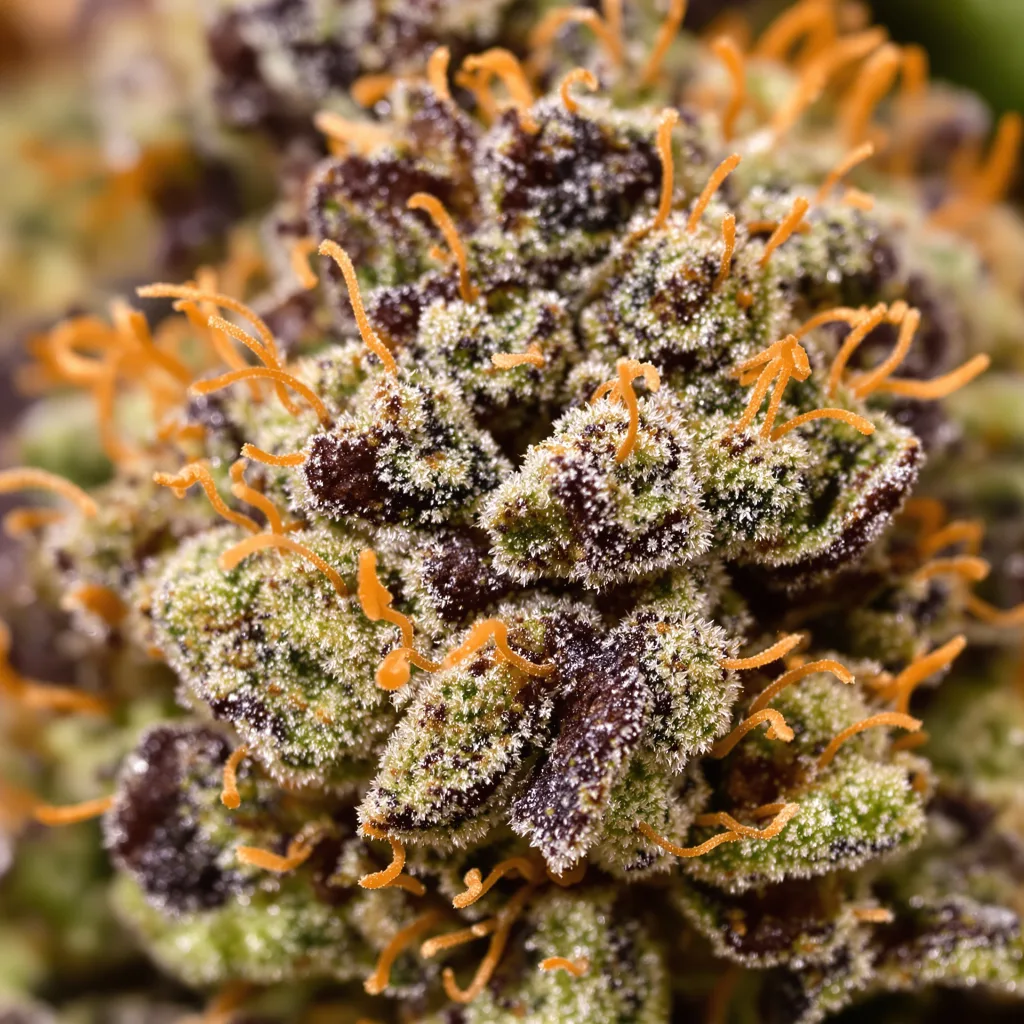 Gros plan de fleur de cannabis Skunk Diesel montrant calices denses aux reflets violets