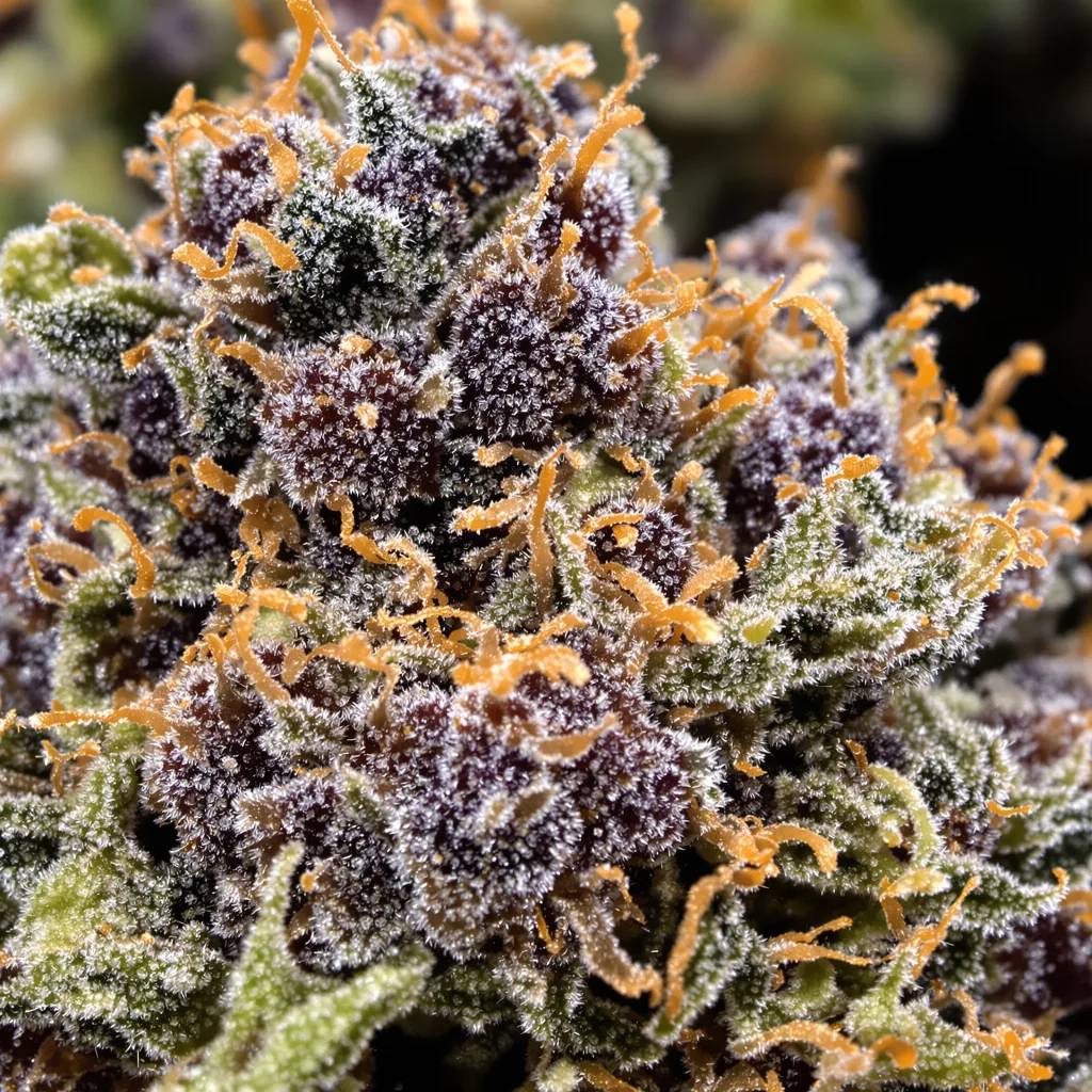 Gros plan de fleur de cannabis Skunk montrant calices denses aux reflets violets