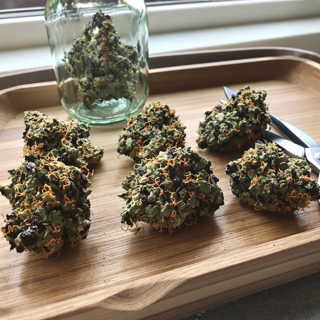 Skunk Kush 77% indica / 23% sativa — fleur avec trichomes visibles