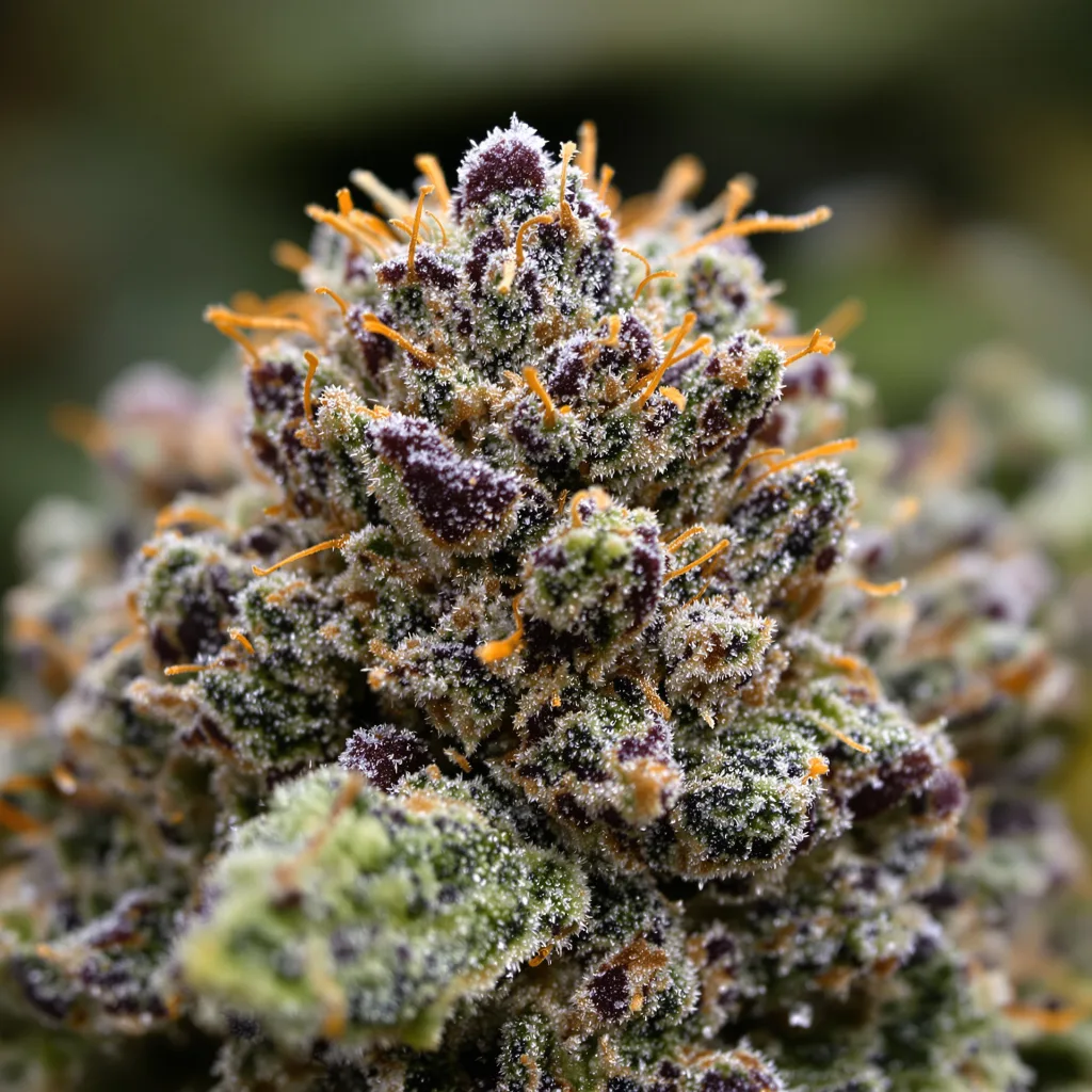 Gros plan de fleur de cannabis Skunk Kush montrant calices denses aux reflets violets
