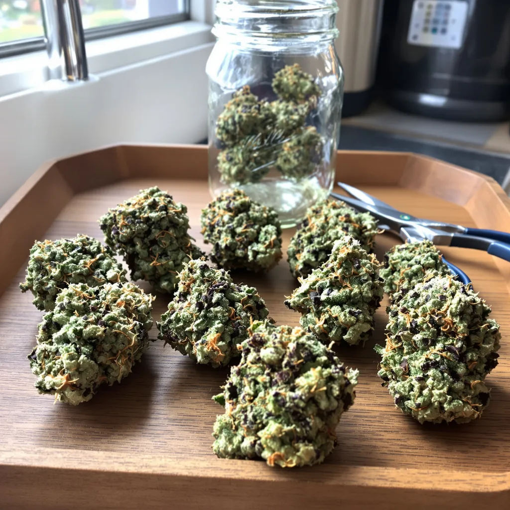 Skunk No. 1 50% indica / 50% sativa — fleur avec trichomes visibles