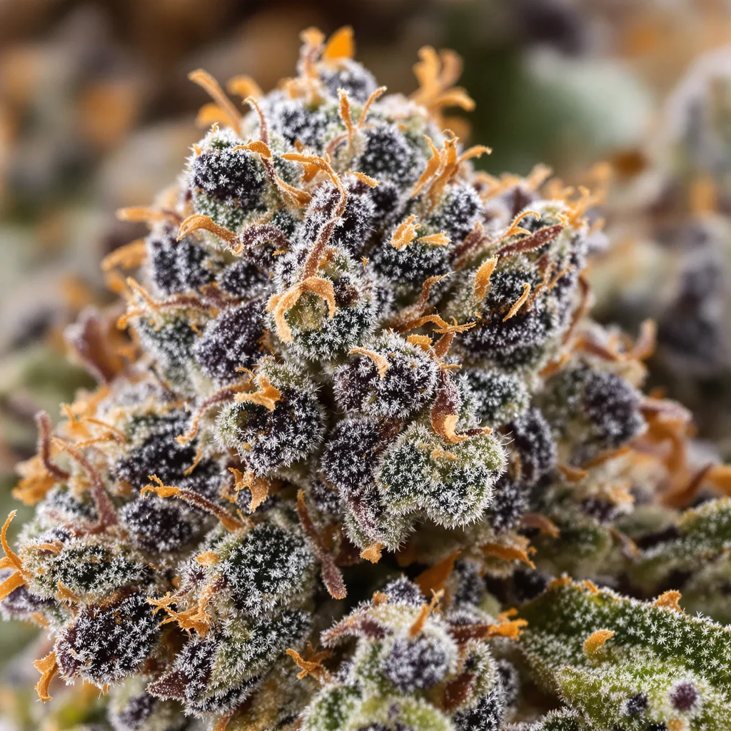 Gros plan de fleur de cannabis Skunky Afro montrant calices denses aux reflets violets