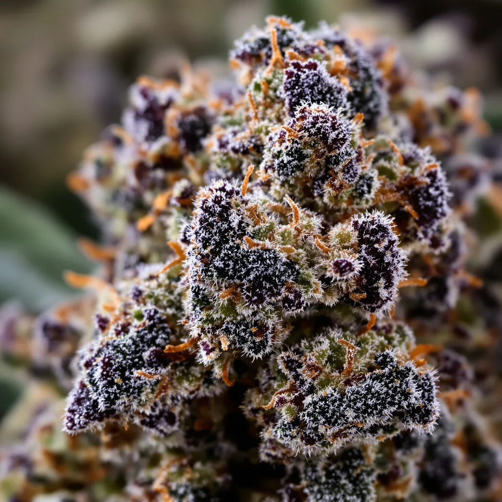 Gros plan de fleur de cannabis Skywalker Alien montrant calices denses aux reflets violets