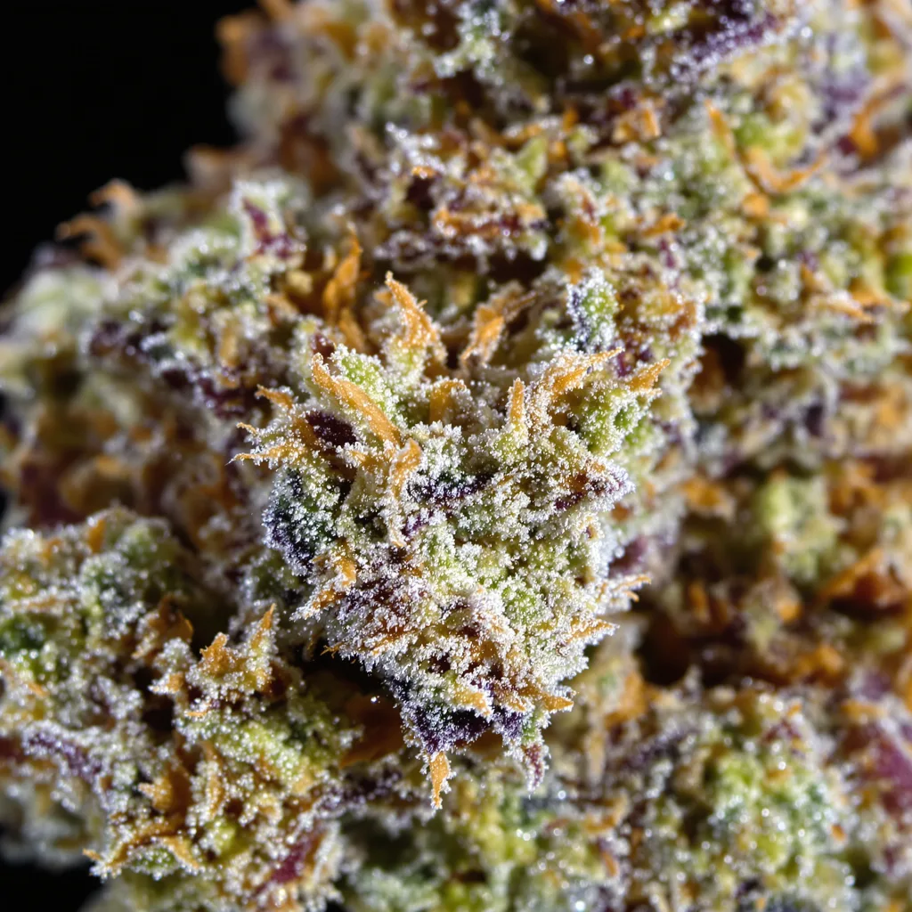 Gros plan de fleur de cannabis Smelliot montrant structure équilibrée avec trichomes givrés