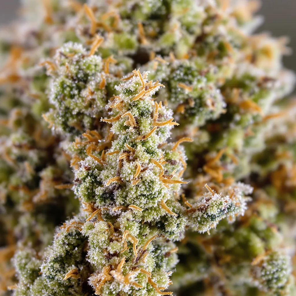 Gros plan de fleur de cannabis Smelliot montrant structure équilibrée avec trichomes givrés
